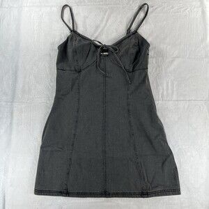Hollister Washed Grey Mini Dress Spaghetti Strap 90s Y2K Front Tie Bow Denim